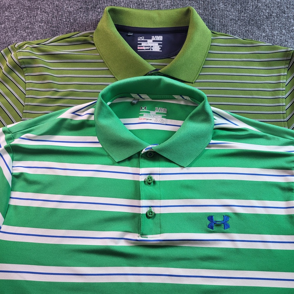 LOT OF 2 Under Armour Mens XL Striped HeatGear Loose Fit Golf Polo Shirt‎ Green
